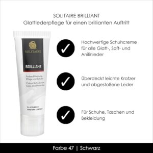Die Solitaire Brilliant Schuhcreme bietet intensive Pflege und Schutz für glatte und genarbte Leder sowie Glattleder-Schuhe mit TEX-Membran. Sie frischt Farben mit hochwertigen Farbpigmenten auf, deckt leichte Kratzer ab und erhält die Atmungsaktivität von GORE-TEX, SympaTex und anderen Membranen. Die Creme ist ohne Sprühnebel, PFC-frei, lösungsmittelfrei und besitzt einen angenehmen Duft, sodass sie auch in Innenräumen sicher anwendbar ist. Die 75-ml-Tube mit integriertem Schwamm besteht zu 80 % aus recyceltem Kunststoff, was Nachhaltigkeit und Umweltfreundlichkeit unterstützt. Farbe: schwarz/ Nr.47